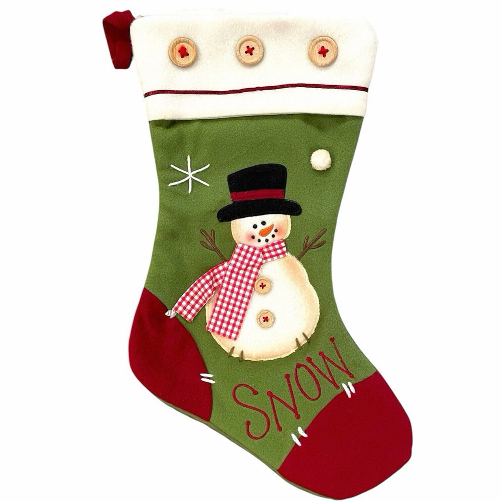 Snowman Christmas Stocking Buttons Country Rustic Applique Snow Green Red White